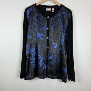 Chico's Travelers Button Front Top Womens 3 US XL Black Blue Floral Satin Slinky